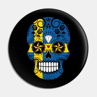 Swedish Flag Sugar Skull with Roses Pin