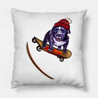 pit bull dog puppy skateboarding off a ramp wearing a red beanie hat with Pom pom - cute funny blue line pittie with piercing blue eyes Pillow