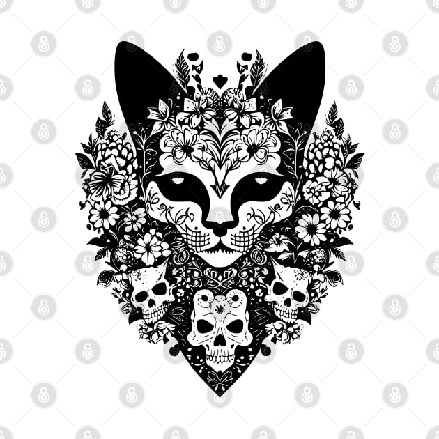 Creepy demon cat with demon skulls and flowers by KHWD