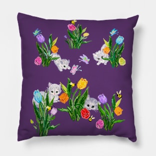 Cats flowers butterflies bees springtime art Pillow