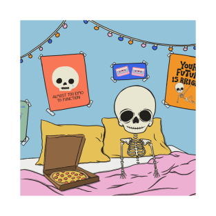 Skeleton Eating Pizza In Bed T-Shirt