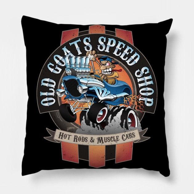 Old Goats Speed Shop Vintage Car Sign Cartoon Pillow by hobrath