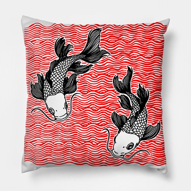 Double Koi Fish Great Wave Tattoo Red Blk Pillow by ebayson74@gmail.com