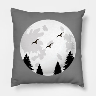 Trees and birds with moon silhouette Pillow