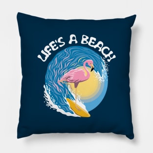 Life's a beach - Surfing Flamingo Pillow