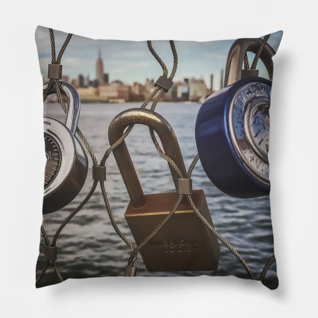 Love Padlocks Skyline Manhattan NYC Pillow by eleonoraingrid