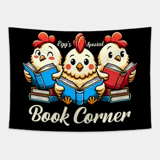 Egg's special book corner - simple library scene with chickens reading Tapestry