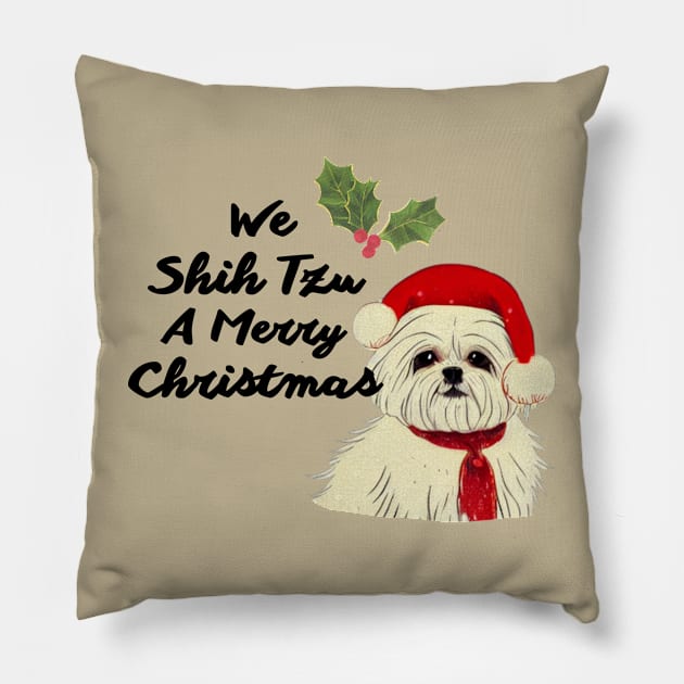 Funny Shih Tzu Maltese Christmas in Red Crusty White Dog Malshi Girl Pillow by Mochabonk