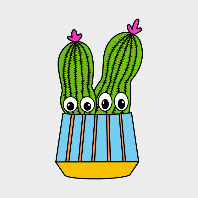 Cute Cactus Design #288: Potted Cacti Couple With Flowers by DreamCactus