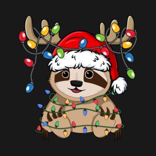 Cute Sloth With Santa Hat Reindeer Antlers Christmas Lights T-Shirt