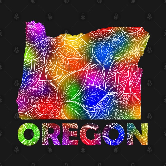 Colorful mandala art map of Oregon with text in multicolor pattern by Happy Citizen