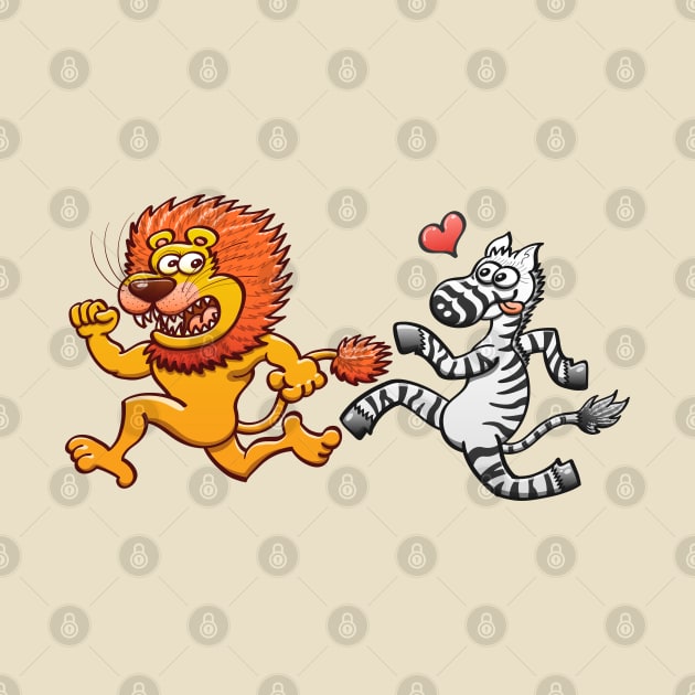 Bold zebra in love running after scared lion by zooco