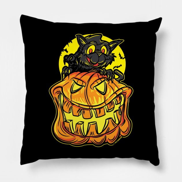 Black Cat on a Jack-O-Lantern Pumpkin By eShirtlabs Pillow by eShirtLabs