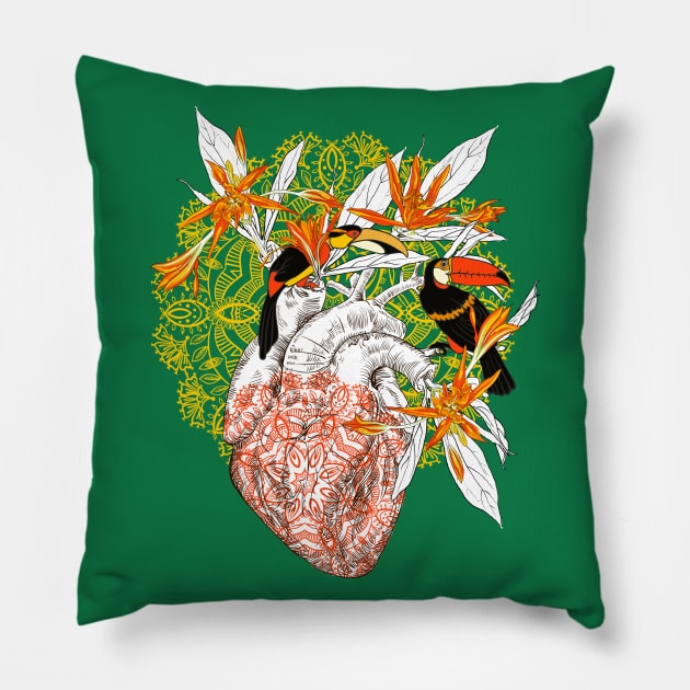 Human anatomical heart with flowers and two toucan birds Pillow by Olga Berlet