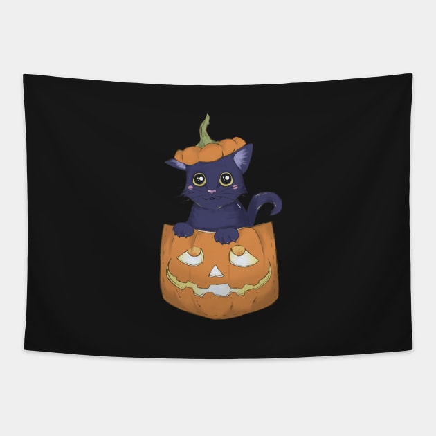 Pocket Cat and Jack-O-Lantern Tapestry by TheGhoulishGarb