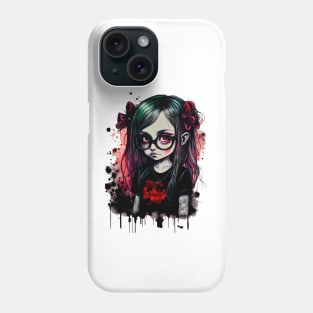 Cartoon little girl with glasses in gothic style at school T-Shirt Phone Case