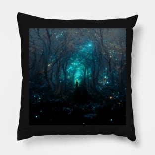 Black hooded witch in a forest with magical blue stars in the sky Pillow