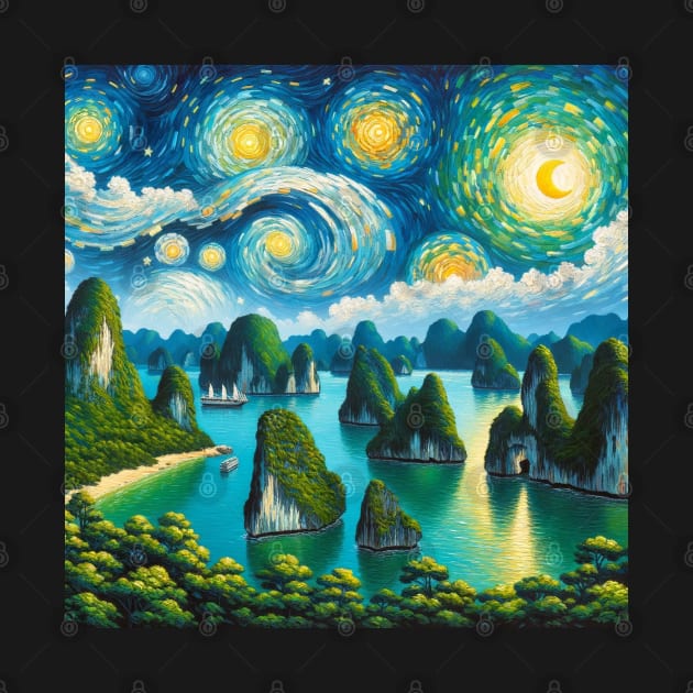 Ha Long Bay Island Vietnam Starry Night - Beautiful Iconic Places by Edd Paint Something