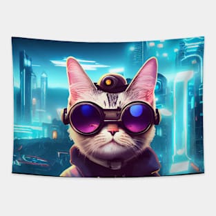 Cool Japanese Techno Cat In Japan Neon City Tapestry