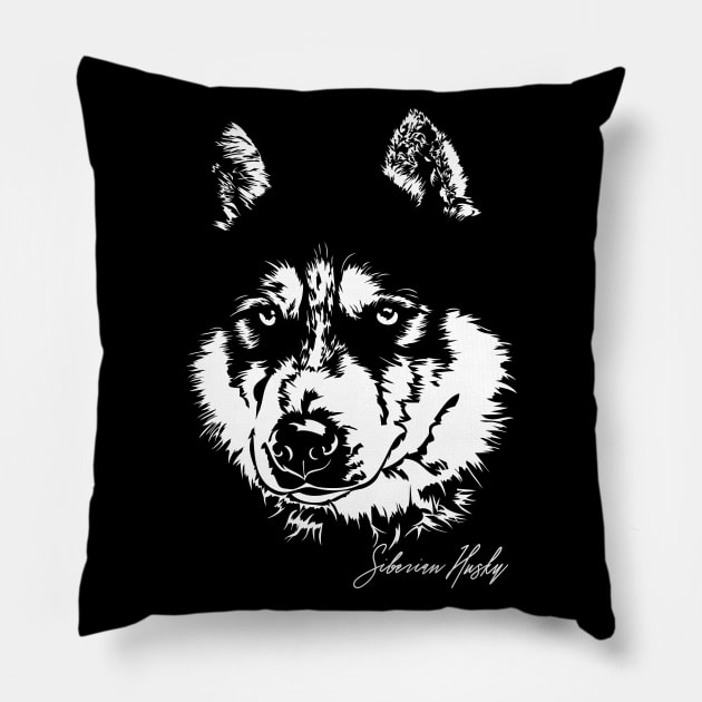 Siberian Husky sled dog portrait Pillow by wilsigns