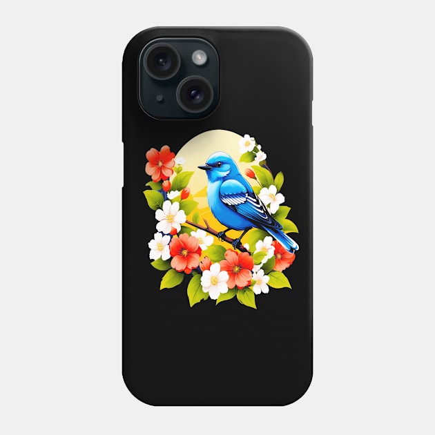 Cute Blue Bird Surrounded by Bold Vibrant Spring Flowers Phone Case by BirdsnStuff