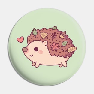 Cute Little Hedgehog With Autumn Leaves And Acorn Pin