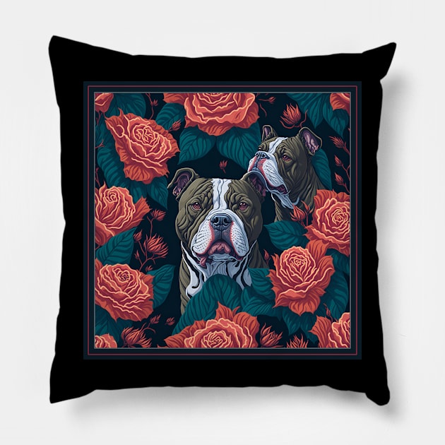 Dogs, pit bull and roses, dog, seamless print, style vector (red roses grey pit) Pillow by xlhombat