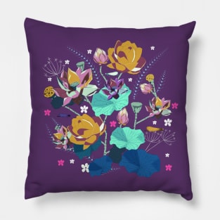 Dragon flies and Lotus Flowers _ Digital Pop Art Style _ Yellow and Blue Pillow