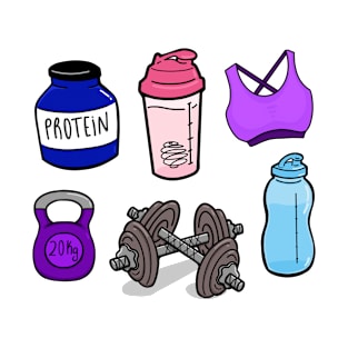 Gym Essentials Protein, Shaker, Bra, Kettlebell, Dumbbell, Water bottle T-Shirt