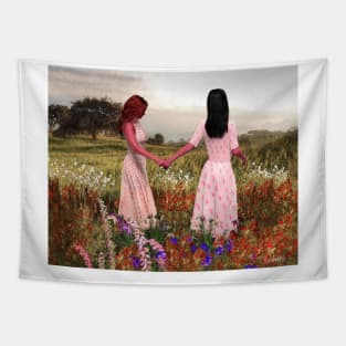 Two women girls walking on hill peace relax zen buddhism yoga Tapestry