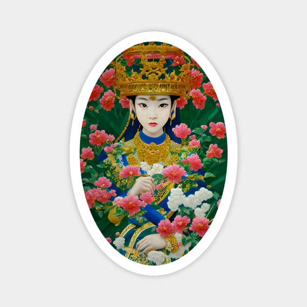 Vintage Style Abstract Asian Girl Surrounded by Beautiful Flowers Magnet by Sandy Richter Art & Designs