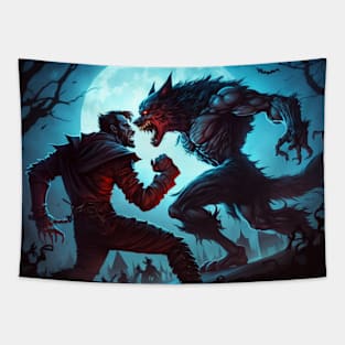 Cartoon image of a vampire vs. a werewolf fight at full moon. Tapestry