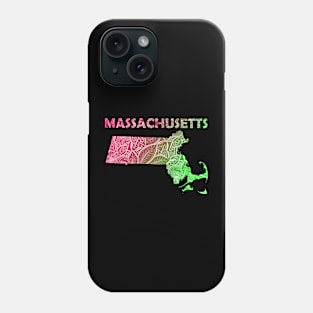 Colorful mandala art map of Massachusetts with text in pink and green Phone Case