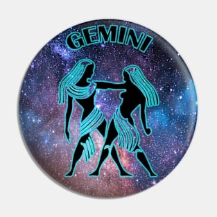 Gemini Astrology Zodiac Sign - Gemini the Twins Birthday Or Christmas Gift - Stars or Space and Black Symbol Turquoise Glow Pin