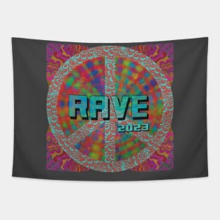 Rave 2023 text on Peace Sign Tapestry