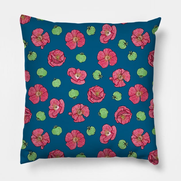 Poppies flowers and seeds pattern - Blue Pillow by PrintablesPassions