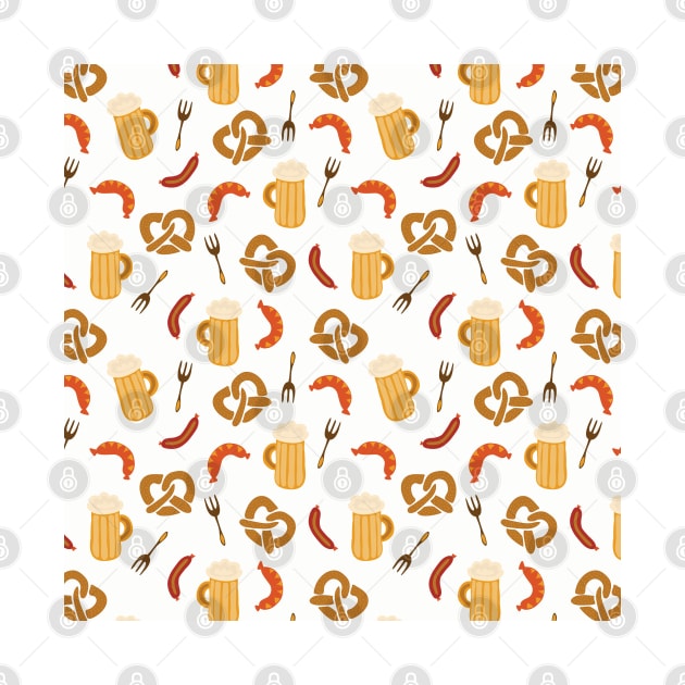 Oktoberfest print. Beer, sausages, pretzels and forks by Sandra Hutter Designs