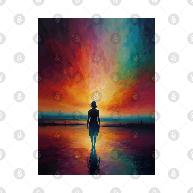 Woman Standing on Shoreline at Sunset With Radiant Sky Reflections in Water by Anik Arts