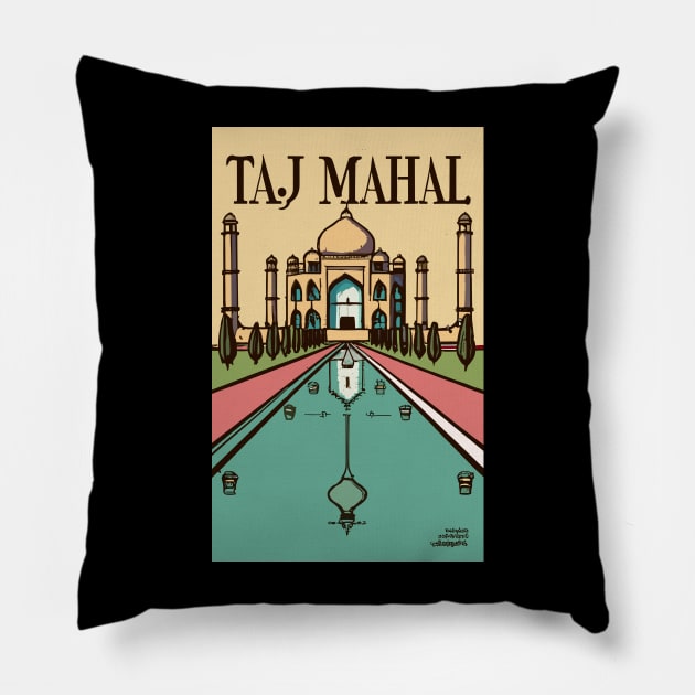 A Vintage Travel Art of the Taj Mahal in Agra - India Pillow by goodoldvintage