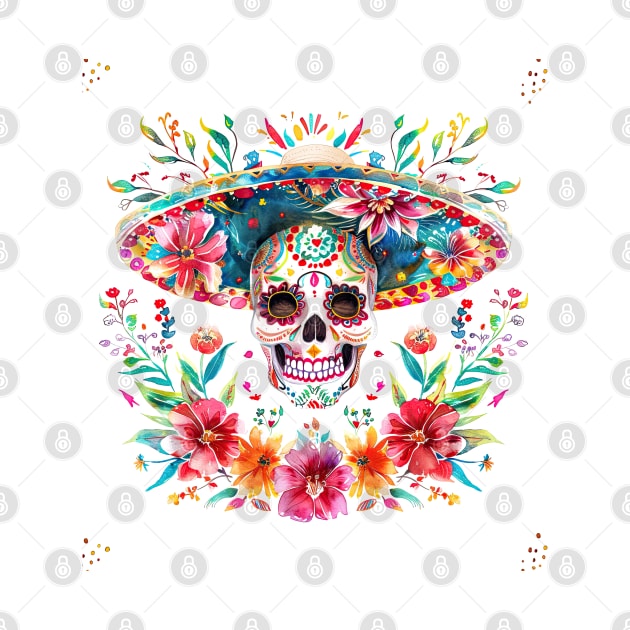 Skull wear mexican hat Cinco de mayo colorful watercolor by emhaz