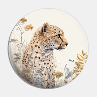 Watercolor Cheetah in Nature, Floral Design Pin