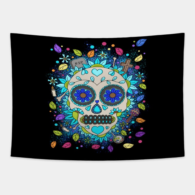 Sugar Skull Paint Spatter - Dia De Los Muertos - Colorful Nature Lover Tapestry by Scriptnbones