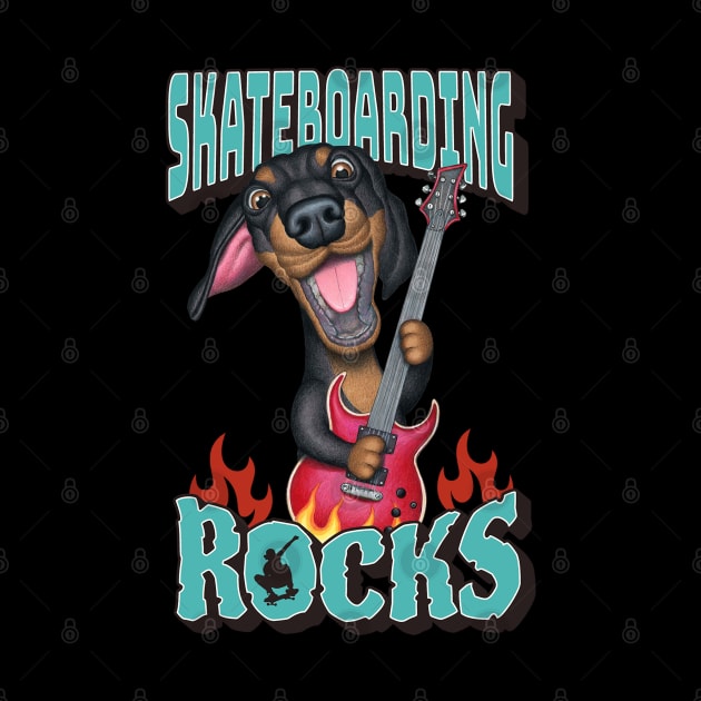 Fun Doxie Dog with guitar on a Dachshund Skateboarding Rocks tee by Danny Gordon Art