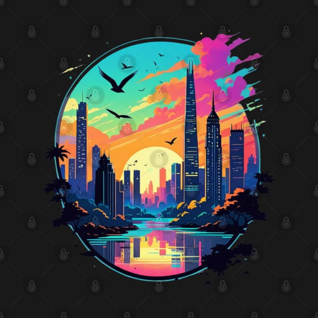 city skyline with vibrant sunset background by cy4designs 