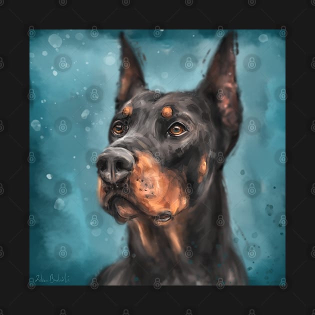 Painting of a Gorgeous Black and Gold Doberman on Dark Blue Background by ibadishi