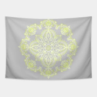 Pale Lemon Yellow Lace Mandala on Grey Tapestry