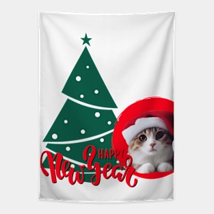 Cute Cat in Santa Hat Happy New Year ,Brafdesign Tapestry