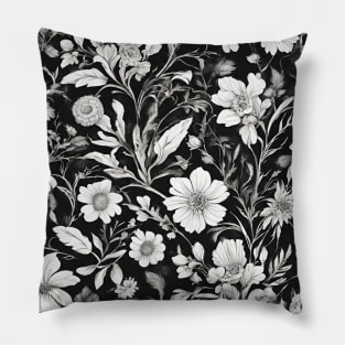 cottagecore botanical monochromatic black and white floral Pillow