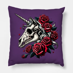 Unicorn skull with red roses Pillow