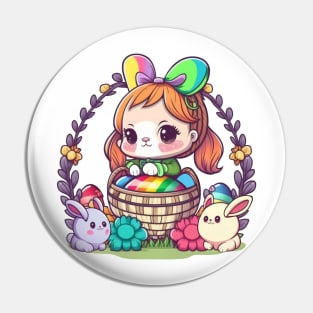 Cute Easter Bunny Girl In Basket. Spring Rainbow Flowers and Easter Eggs Pin